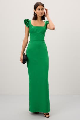 Ieena for Mac Duggal Ruffle Cap Sleeve Open Back Column Gown