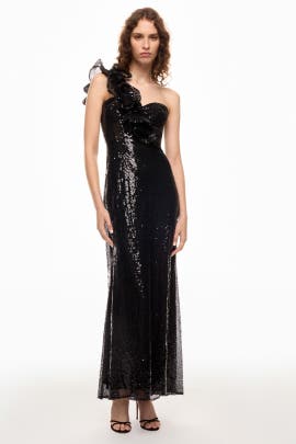 Ieena for Mac Duggal Sequin Ruffled One Shoulder Gown