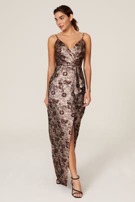 ML Monique Lhuillier Floral Metallic Jacquard Gown