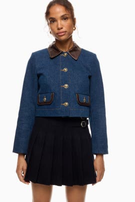 Sandro Denim Jacket With Leather Collar